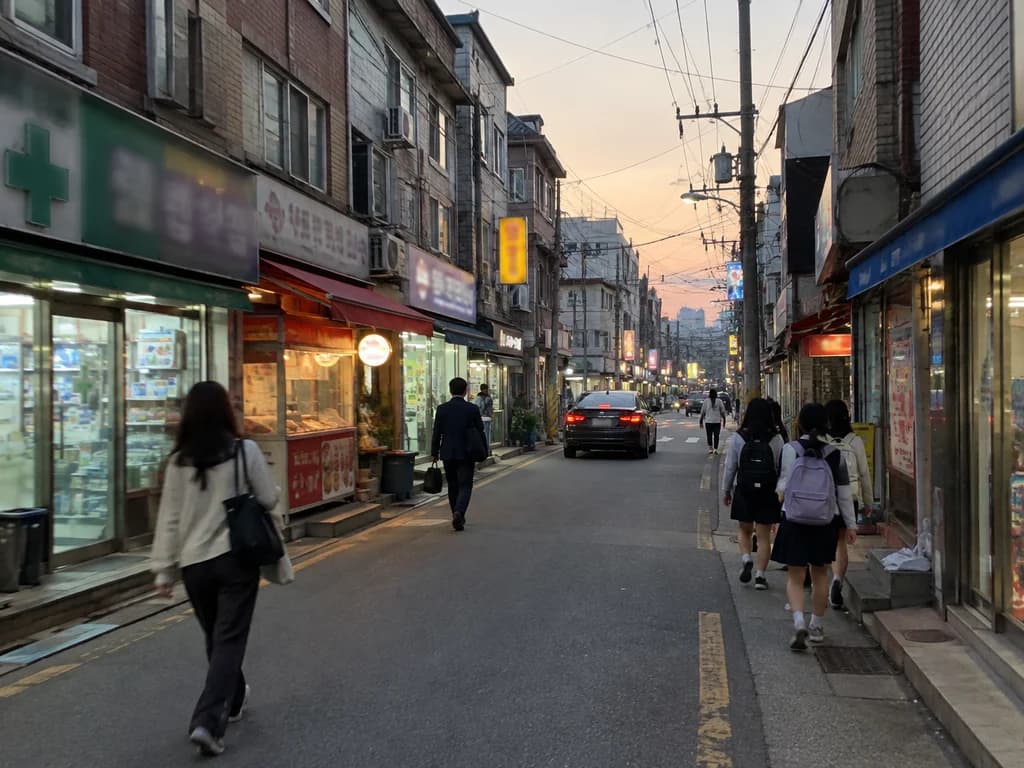 약국과 동네 가게가 늘어선 구도심 주택가 길