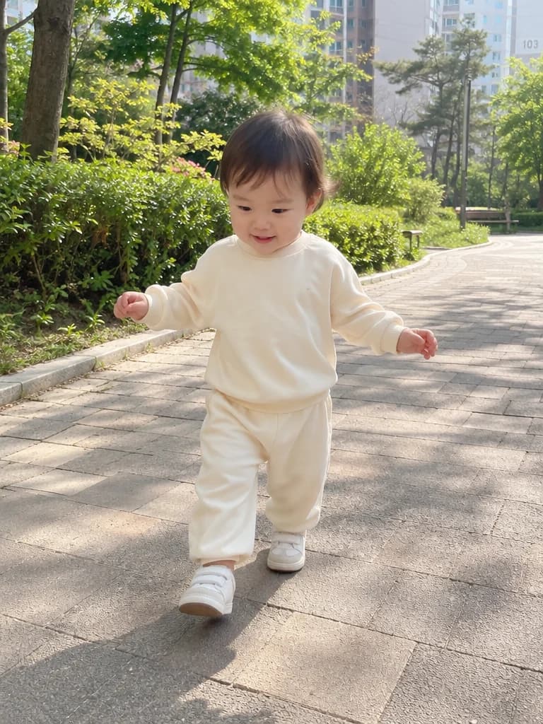 산책로에서 걸음마를 하는 아기
